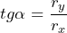 \begin{equation*}  \begin{split} tg \alpha= \frac{r_y}{r_x} \end{split} \end{equation*}