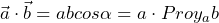 \begin{equation*} \begin{split} \vec{a} \cdot \vec{b} =ab cos\alpha=a\cdot Proy_a b \end{split} \end{equation*}