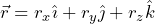 \begin{equation*} \begin{split} \vec{r}=r_x \hat{\imath}+r_y \hat{\jmath}+ r_z \hat{k} \end{split} \end{equation*}