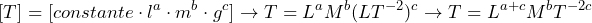 \begin{equation*} \begin{split} [T]=[constante \cdot l^a \cdot m^b \cdot g^c] \rightarrow T= L^a M^b (LT^{-2})^c \rightarrow T=L^{a+c} M^b T^{-2c} \end{split} \end{equation*}