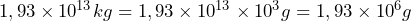 \begin{equation*} \begin{split} 1,93 \times 10^{13} kg=1,93 \times 10^{13} \times 10^3 g=1,93 \times 10^6 g \end{split} \end{equation*}